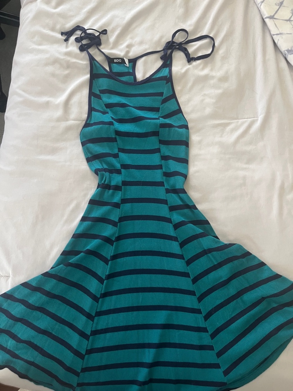 BDG Teal & Black Striped Tie-Shoulder Mini dress with racer back. Size XS